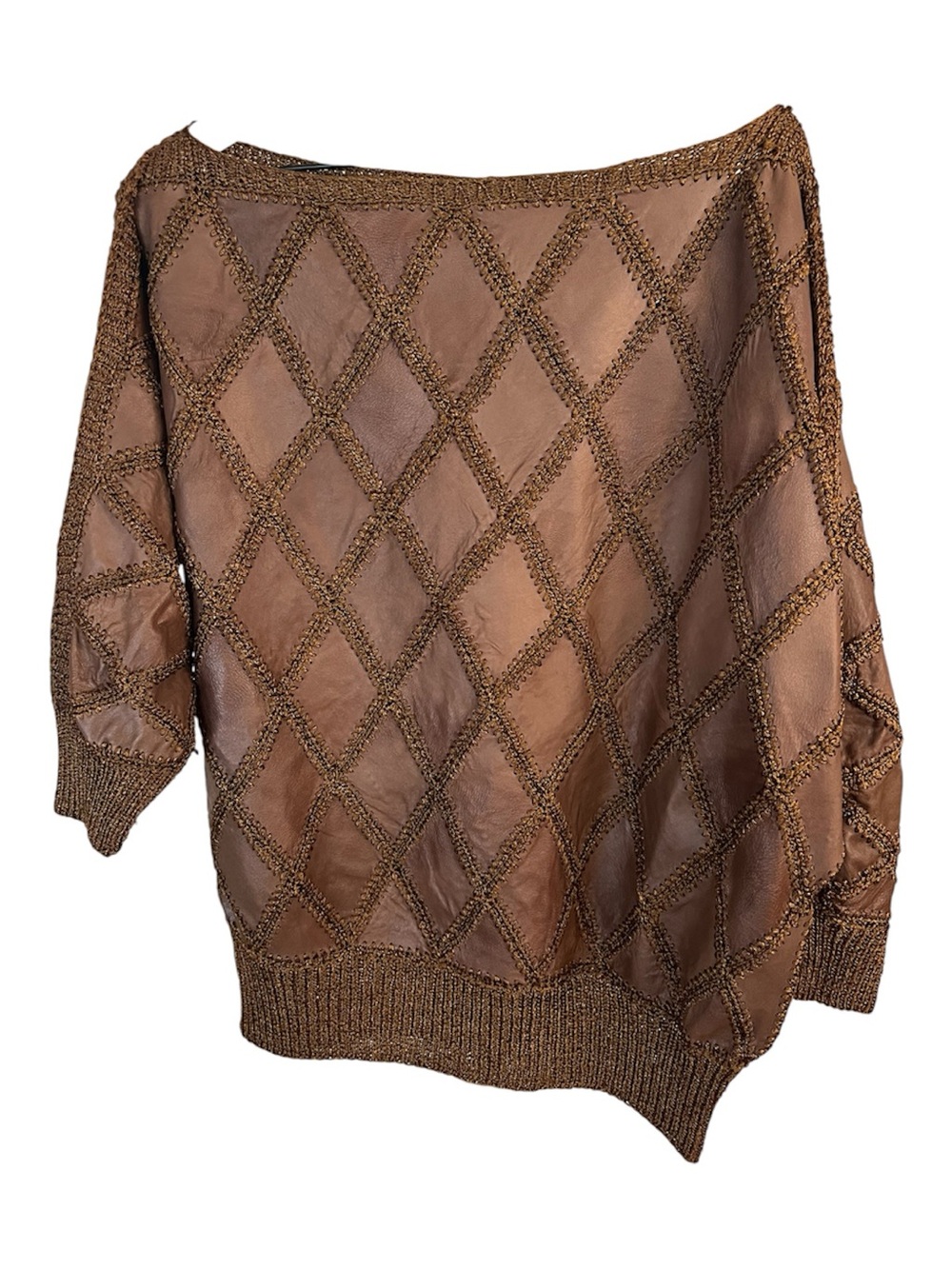 Vtg 80s Brown Flashdance Diamond Pattern leather/crochet off Shoulder Tunic